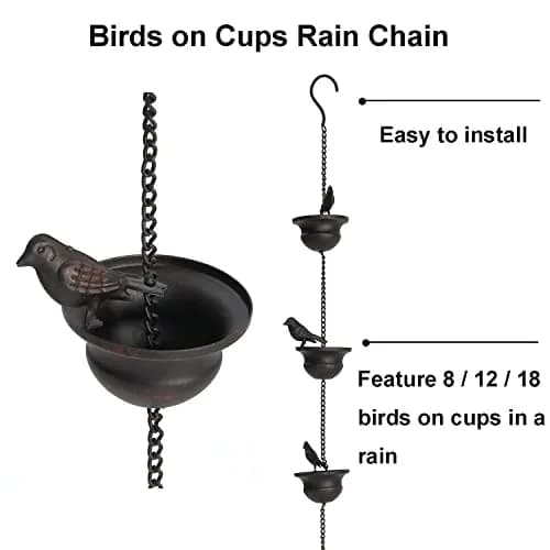 Jemeni 5.5 ft Rain Chain with 8 Birds on Cups | Rust-Proof Iron Gutter Chain for Outdoor Decor thumbnail 2