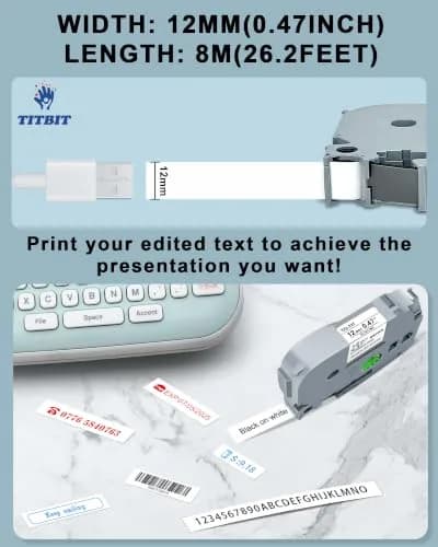 TITBIT Compatible TZe Tape 12mm Laminated White on White | Water-Resistant & Easy Peeling thumbnail 3