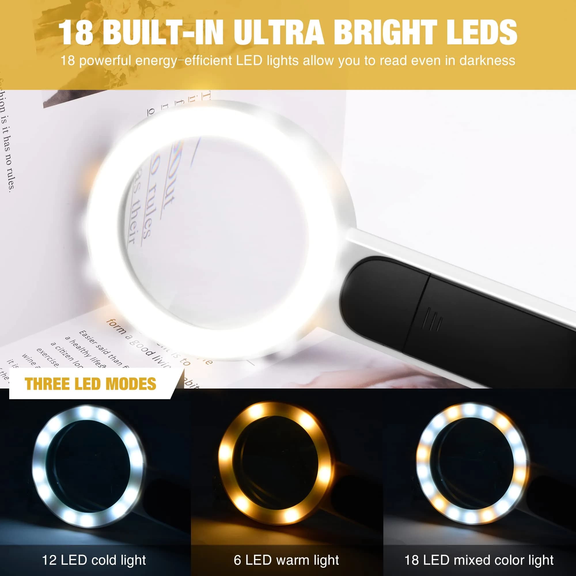 JMH Magnifying Glass with Light, 3.15 inch Lens | 18 LED Lights with 3 Modes - view 6