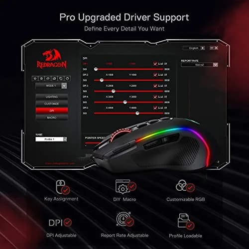 Redragon M612 Predator Wired RGB Optical Gaming Mouse 8000 DPI, 126g | 11 Programmable Buttons, Pixart P3104 Sensor thumbnail 8