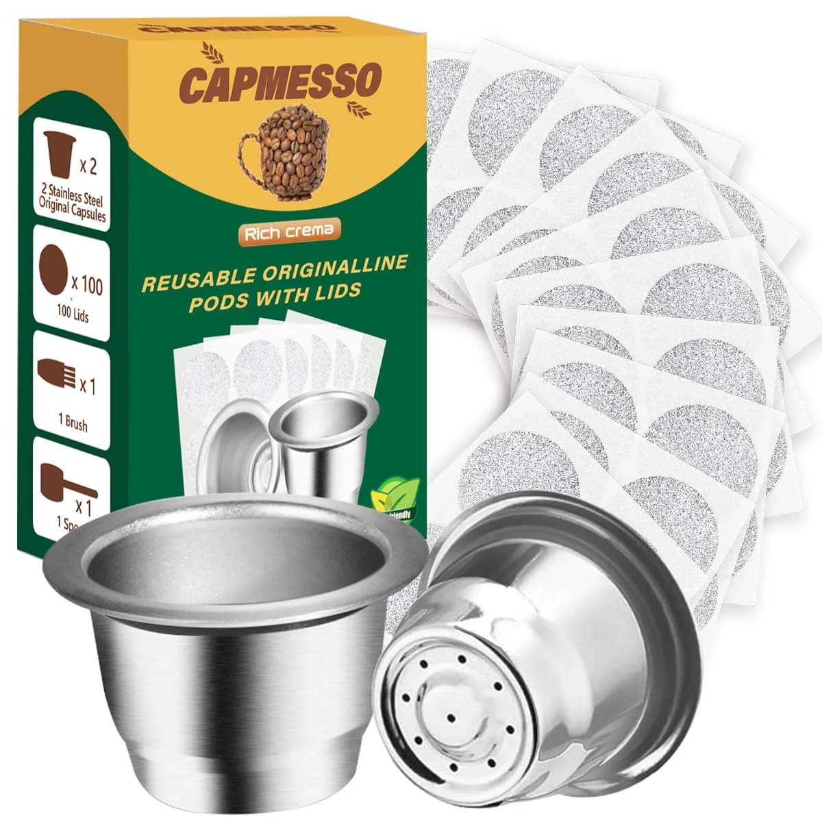 CAPMESSO Reusable Coffee Pods for Nespresso OriginalLine, Stainless Steel Refillable Capsules (2 Pods + 100 Lids) | Brew Your Perfect Espresso - main product image