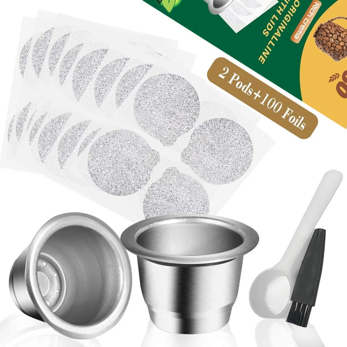 CAPMESSO Reusable Coffee Pods for Nespresso OriginalLine, Stainless Steel Refillable Capsules (2 Pods + 100 Lids) | Brew Your Perfect Espresso - view 2