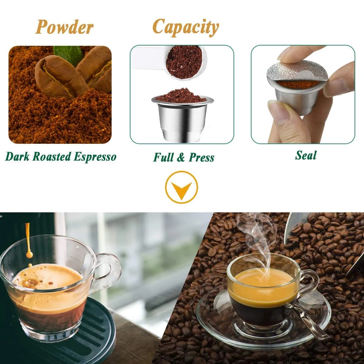 CAPMESSO Reusable Coffee Pods for Nespresso OriginalLine, Stainless Steel Refillable Capsules (2 Pods + 100 Lids) | Brew Your Perfect Espresso - view 3