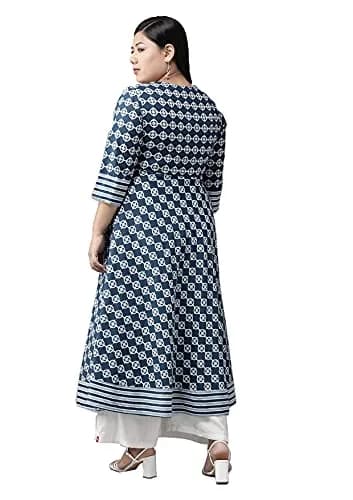 Yash Gallery Women's Cotton Floral Print Anarkali Kurta Blue Medium | Traditional Indian Wear for Office & Casual thumbnail 4