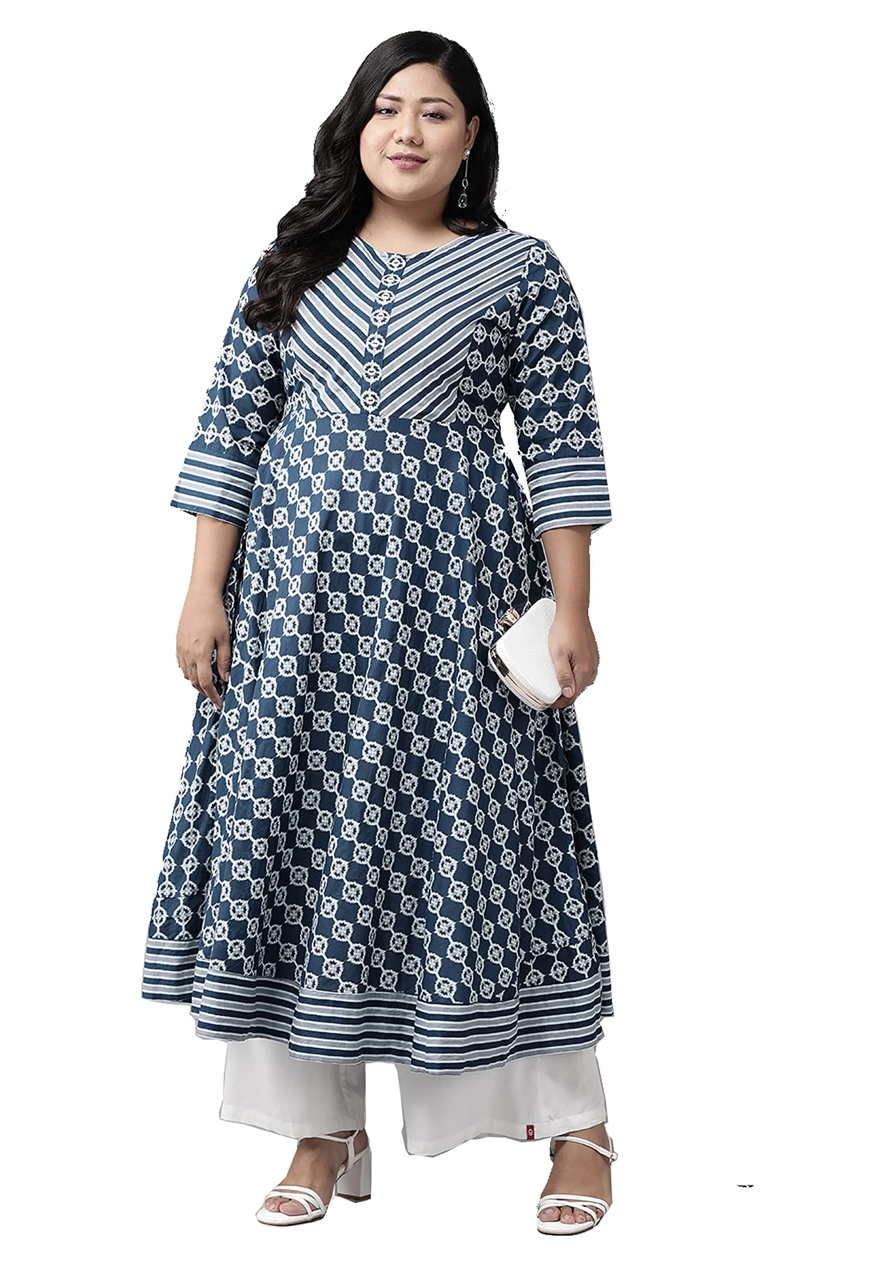 Yash Gallery Women's Cotton Floral Print Anarkali Kurta Blue | V-Neck 3/4 Sleeve Calf Length - main product image