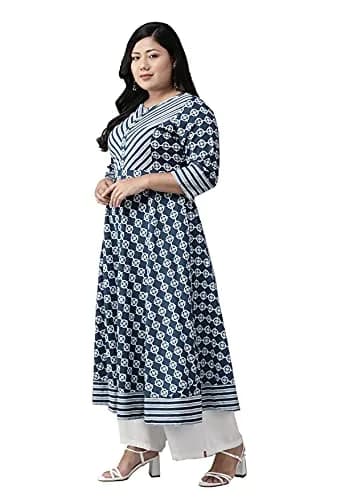 Yash Gallery Women's Cotton Floral Print Anarkali Kurta Blue XS | V-Neck 3/4th Sleeve thumbnail 2
