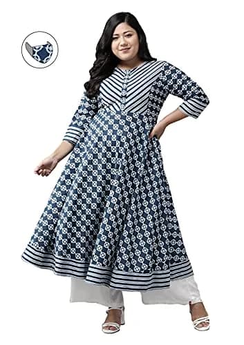 Yash Gallery Women's Cotton Floral Print Anarkali Kurta Blue XS | V-Neck 3/4th Sleeve thumbnail 3