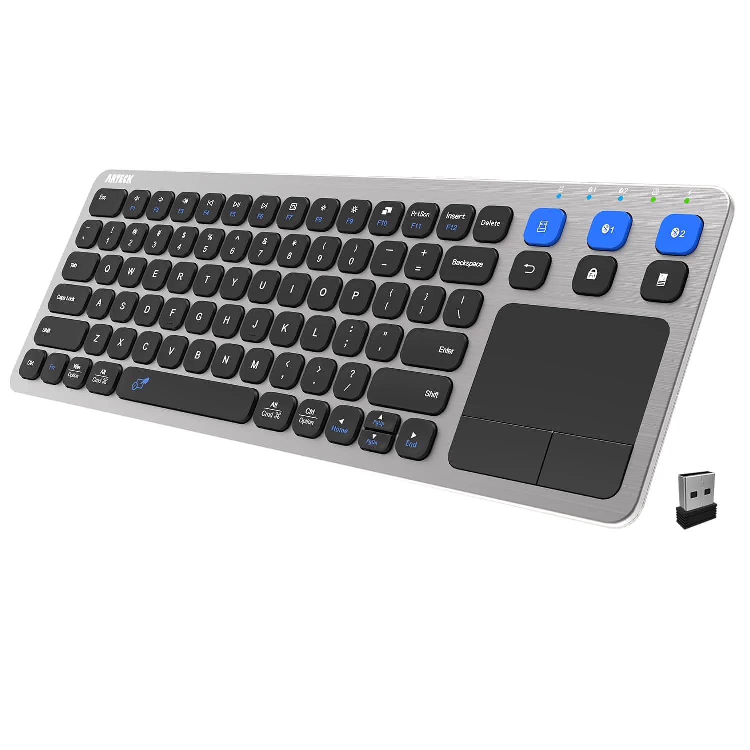 Arteck Universal Grey Wireless & Bluetooth Keyboard with Touchpad | 10m Range, Multi-Device Connect — Grey