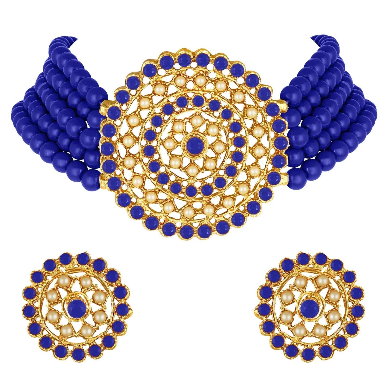 I Jewels Gold Plated Beaded Choker Set with Moti Work & Earrings, 21cm Necklace, 58g | Traditional Indian Bridal Jewelry — Blue