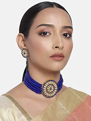 I Jewels Gold Plated Beaded Choker Set with Moti Work & Earrings, 21cm Necklace, 58g | Traditional Indian Bridal Jewelry thumbnail 2