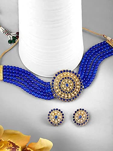 I Jewels Gold Plated Beaded Choker Set with Moti Work & Earrings, 21cm Necklace, 58g | Traditional Indian Bridal Jewelry thumbnail 3