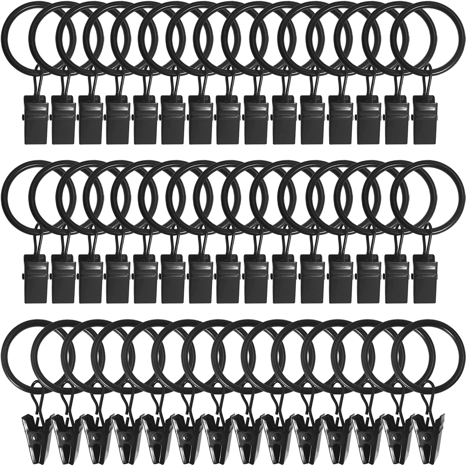 LLPJS Curtain Rings with Clips, 1 inch ID, 44 Pack, Black | Durable Metal Curtain Rings for Windows — Black