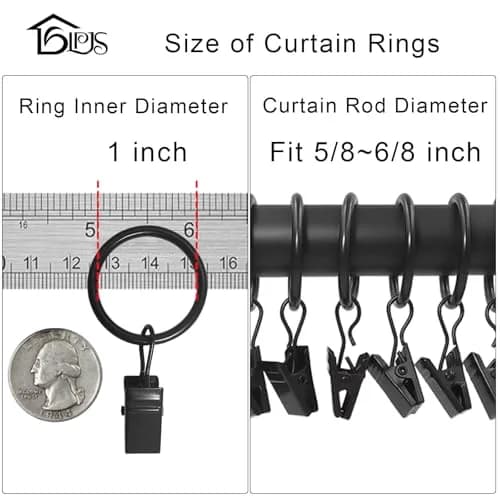 LLPJS Curtain Rings with Clips, 1 inch ID, 44 Pack, Black | Durable Metal Curtain Rings for Windows thumbnail 3