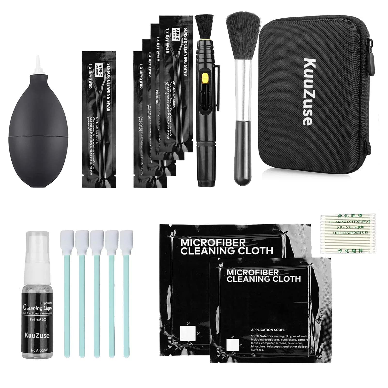 KuuZuse Camera Cleaning Kit for DSLR & APS-C Sensors | Microfiber Cloths, Lens Cleaner, Pen, Brush, Bag — red