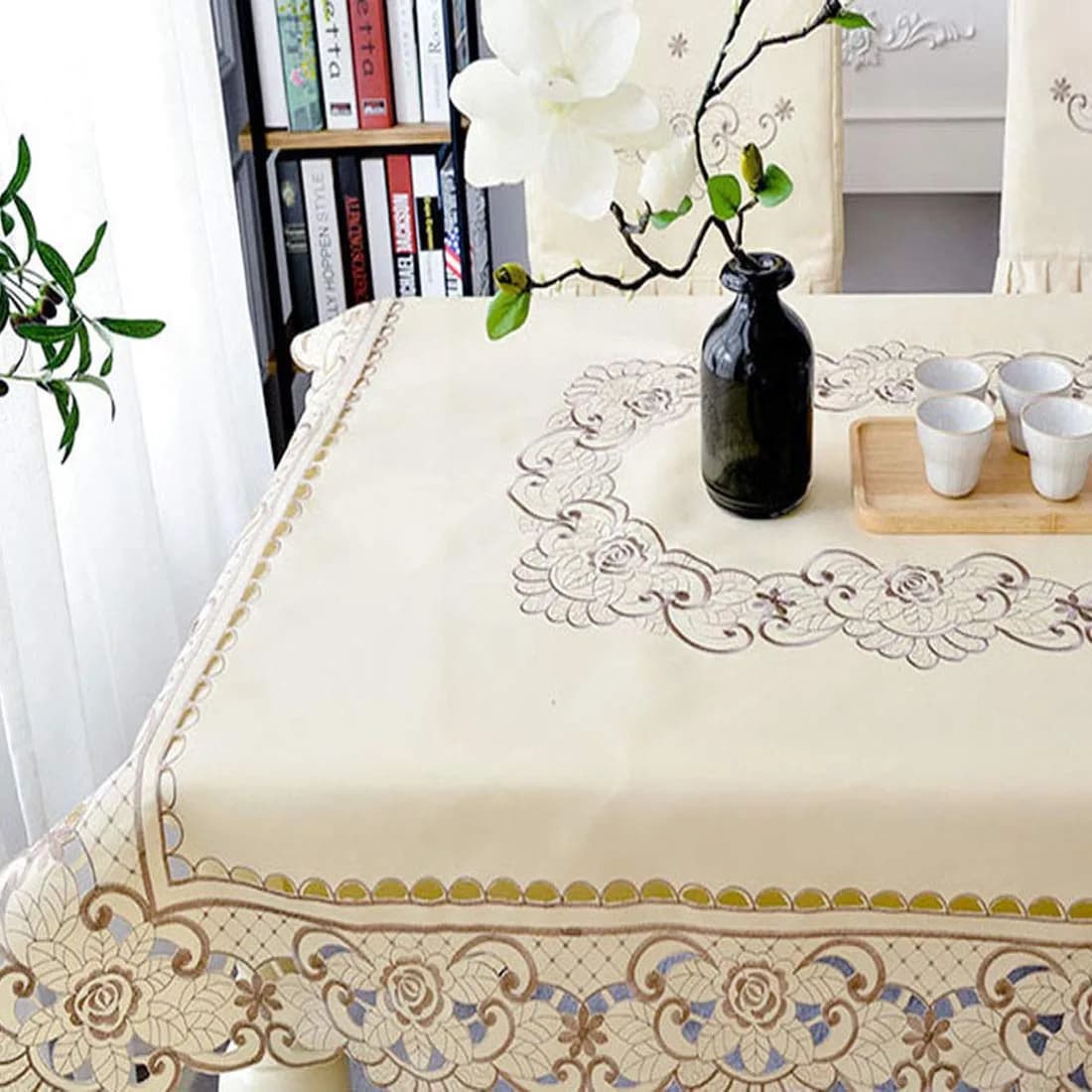 WELLYUK 57" x 57" (145 cm x 145 cm) Vintage Embroidered Brown Flower Classic Lace Square Tablecloth | Elegant Home Decor — Brown Flower