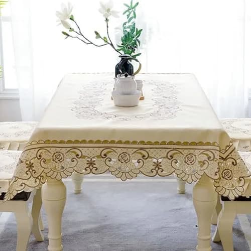 WELLYUK 57" x 57" (145 cm x 145 cm) Vintage Embroidered Brown Flower Classic Lace Square Tablecloth | Elegant Home Decor thumbnail 5