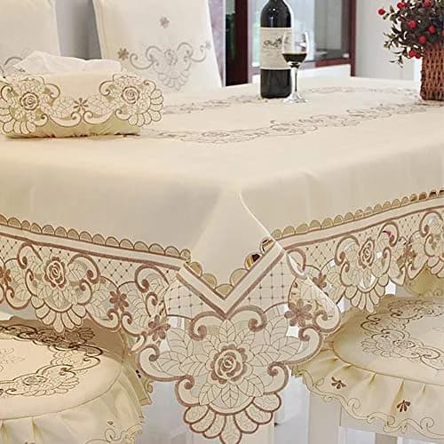 WELLYUK 57" x 57" (145 cm x 145 cm) Vintage Embroidered Brown Flower Classic Lace Square Tablecloth | Elegant Home Decor thumbnail 7