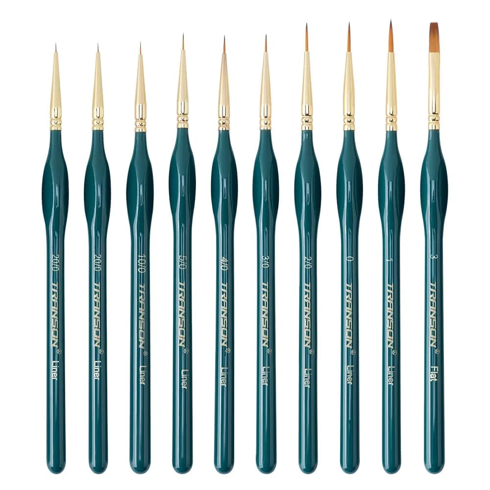 TRANSON 10Pcs Extra Fine Tip Detail Brushes for Model Miniature & Acrylic Watercolor | Precise, Nylon, Green — 10 pcs