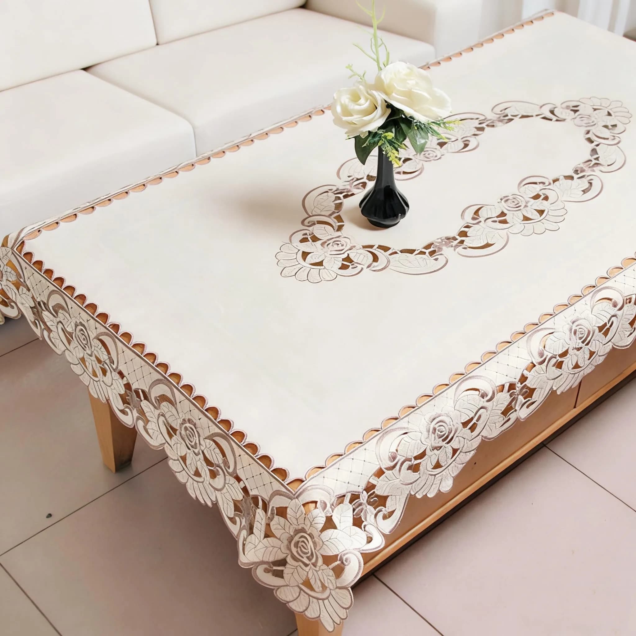 WELLYUK 57 Inch X 86 Inch Oblong Tablecloth, Vintage Embroidery Flower Lace, Brown Flower | Classic Rectangular Polyester Table Cloth — Brown Flower