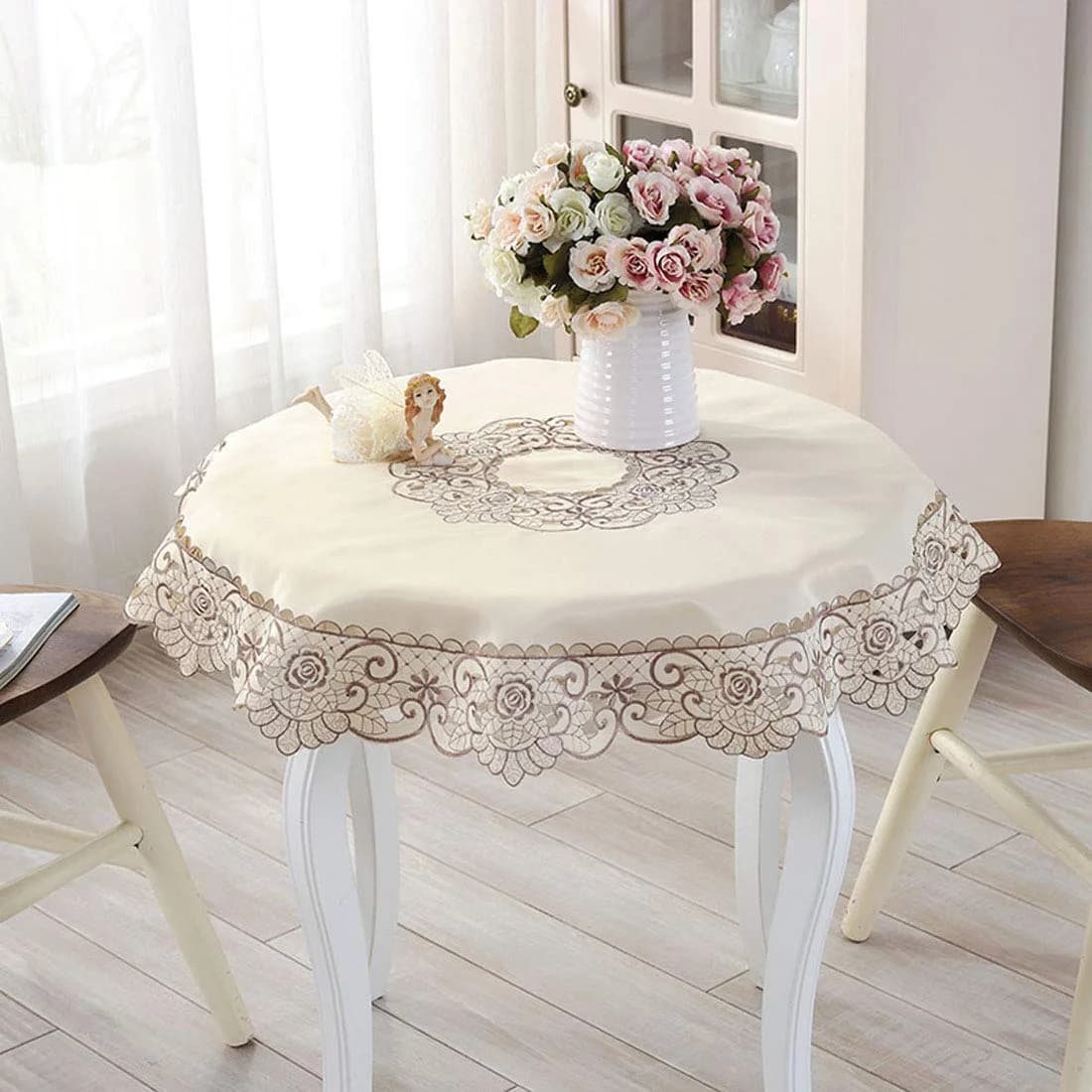 WELLYUK 15 Inch (38.1 cm) Round Vintage Embroidered Brown Flower Lace Tablecloth | Elegant Home Decoration — Brown Flower