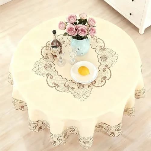 WELLYUK 15 Inch (38.1 cm) Round Vintage Embroidered Brown Flower Lace Tablecloth | Elegant Home Decoration thumbnail 3