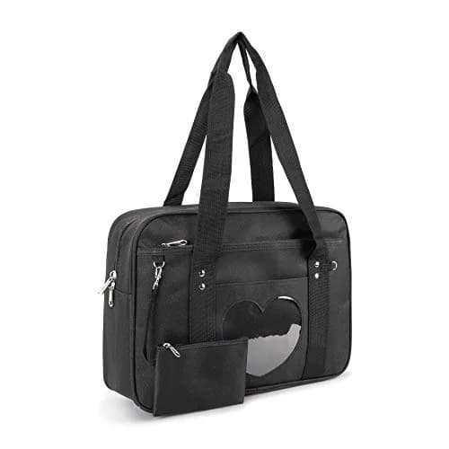 STEAMEDBUN Kawaii Ita Bag Japanese School Bag Large Shoulder Anime Heart Purse (Black) | Cute Tote for School & Travel thumbnail 1