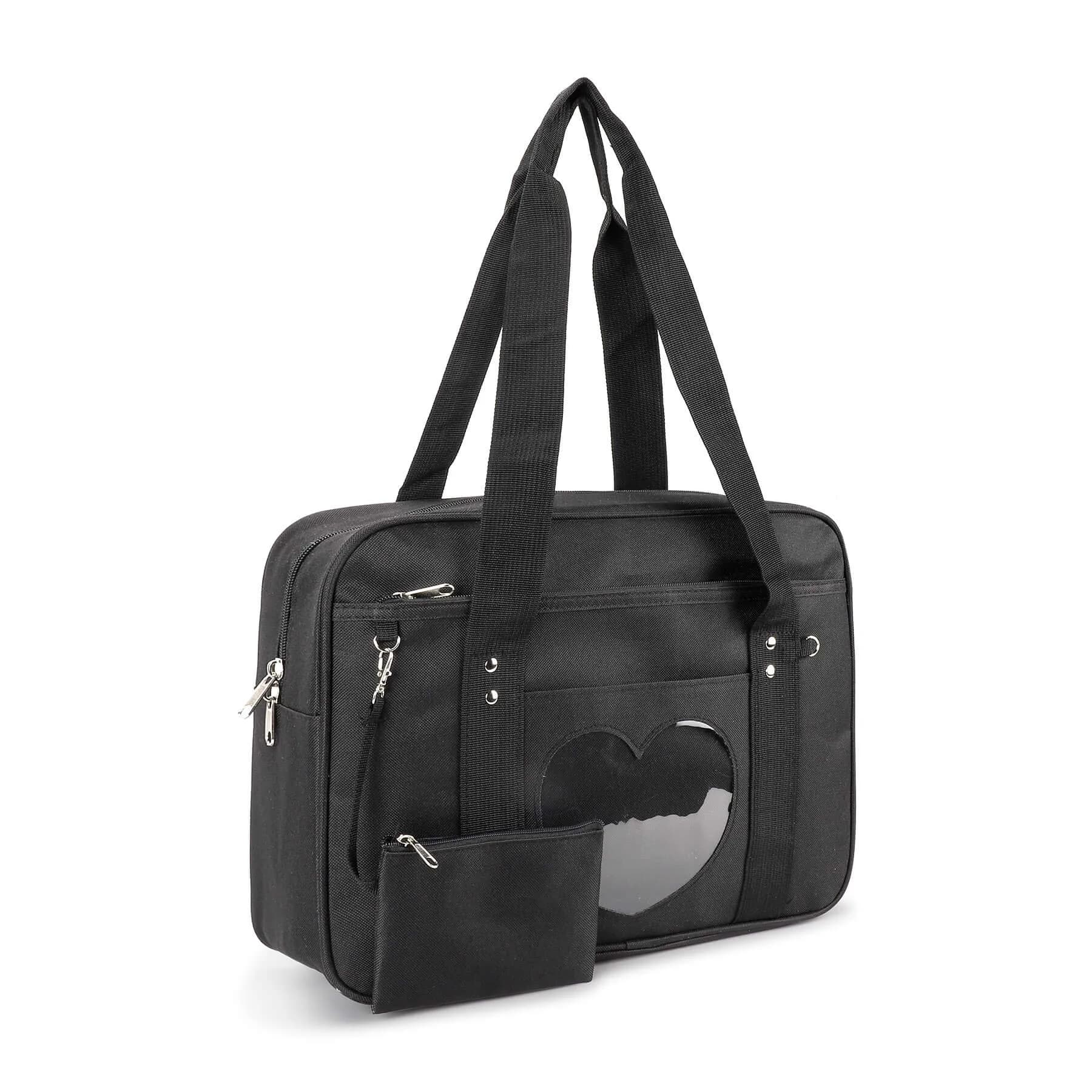 STEAMEDBUN Kawaii Ita Bag Japanese School Bag Large Shoulder Anime Heart Purse (Black) | Cute Tote for School & Travel - main product image