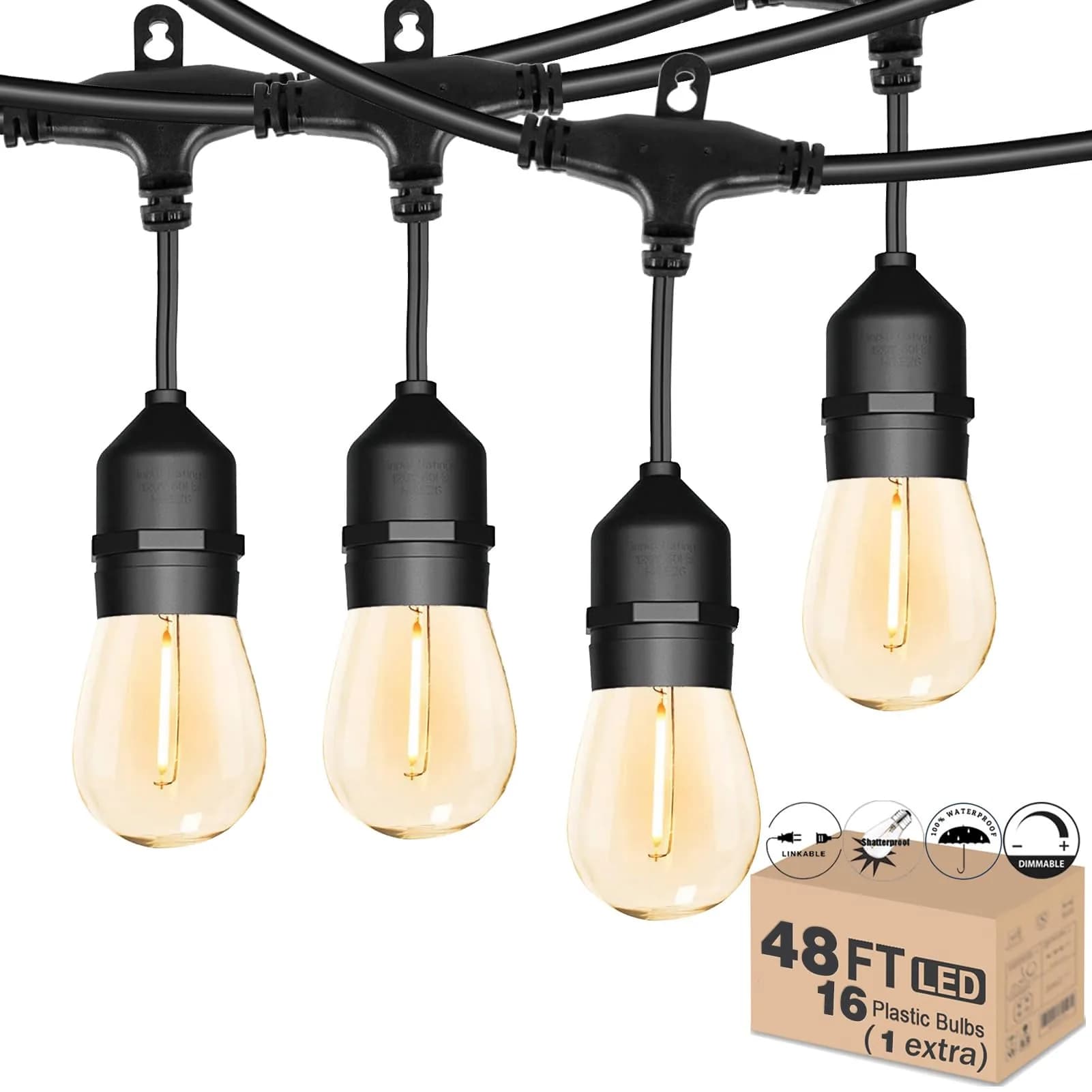 Meidaoduo Outdoor String Light 48FT LED Heavy-Duty Patio Lights | Waterproof, Shatterproof Bulbs, Linkable, 15 LED Bulbs, 120V