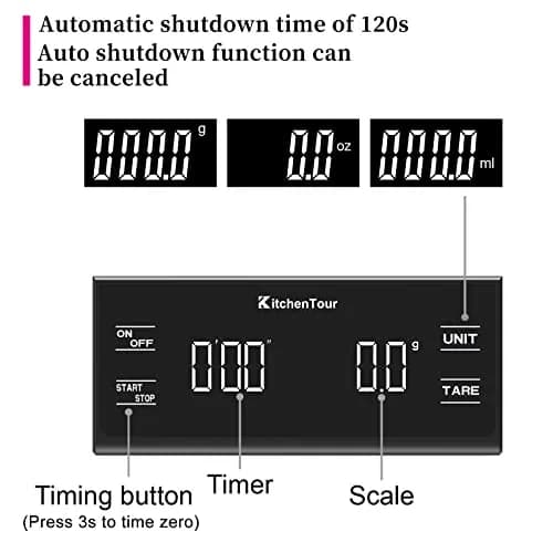 K KitchenTour EK6012 Digital Kitchen Scale with Timer 3kg (6.6lb) | Precision Weighing for Coffee & Food thumbnail 3