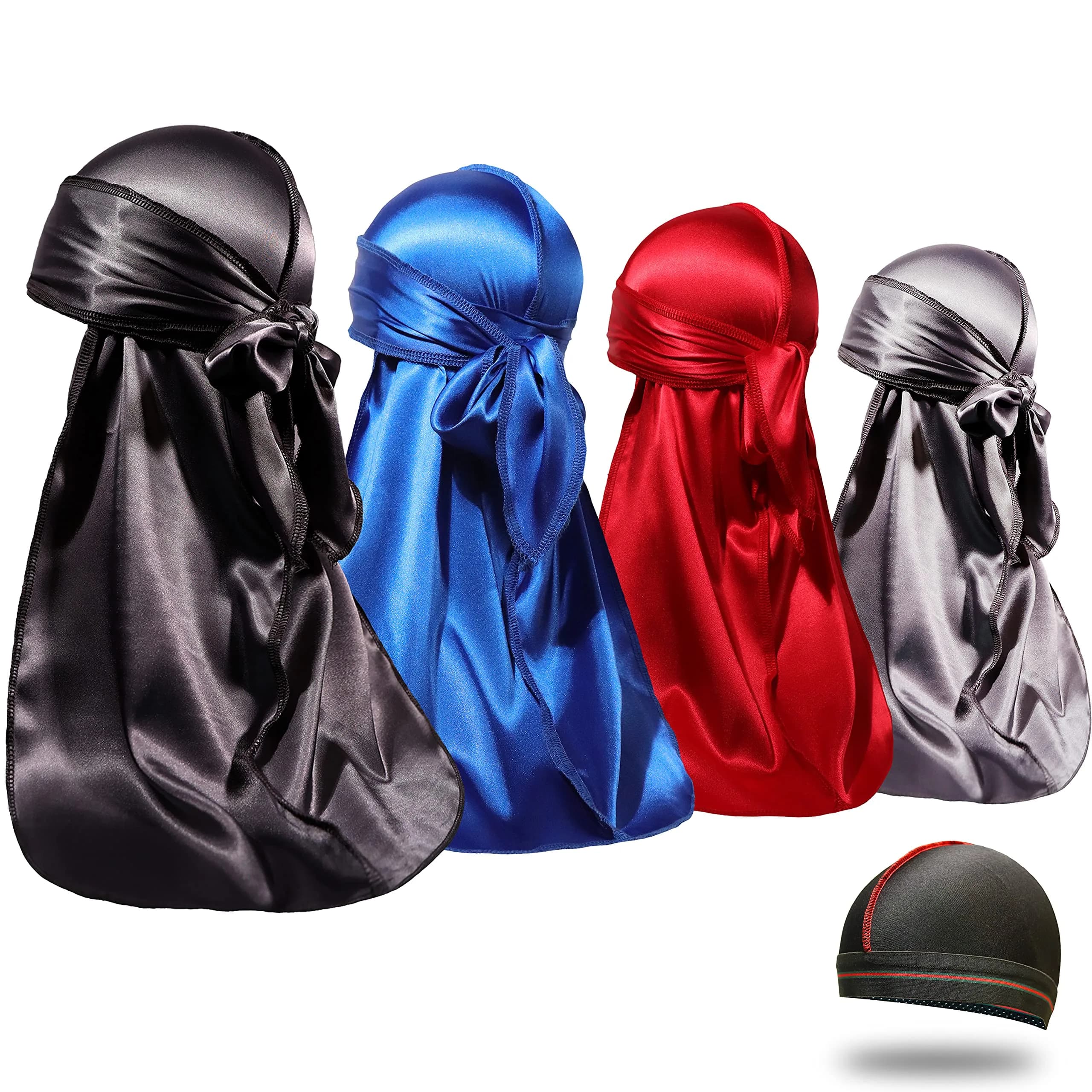 ForceWave Silky Satin Durags & Wave Cap Set for Men & Women - 4 Durags + 1 Cap (Black, Blue, Gray, Red) | Moisture-Retaining Fabric