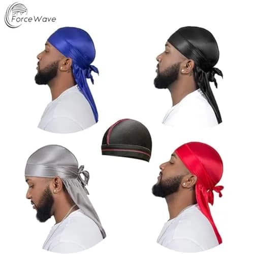 ForceWave Silky Satin Durags & Wave Cap Set for Men & Women - 4 Durags + 1 Cap (Black, Blue, Gray, Red) | Moisture-Retaining Fabric thumbnail 4