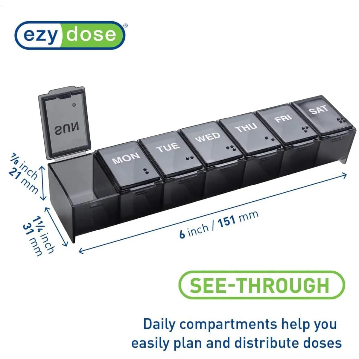 Ezy Dose Weekly Pill Organizer, Large Medicine Planner, Black | 7-Day Compartment Medicine Case - view 5
