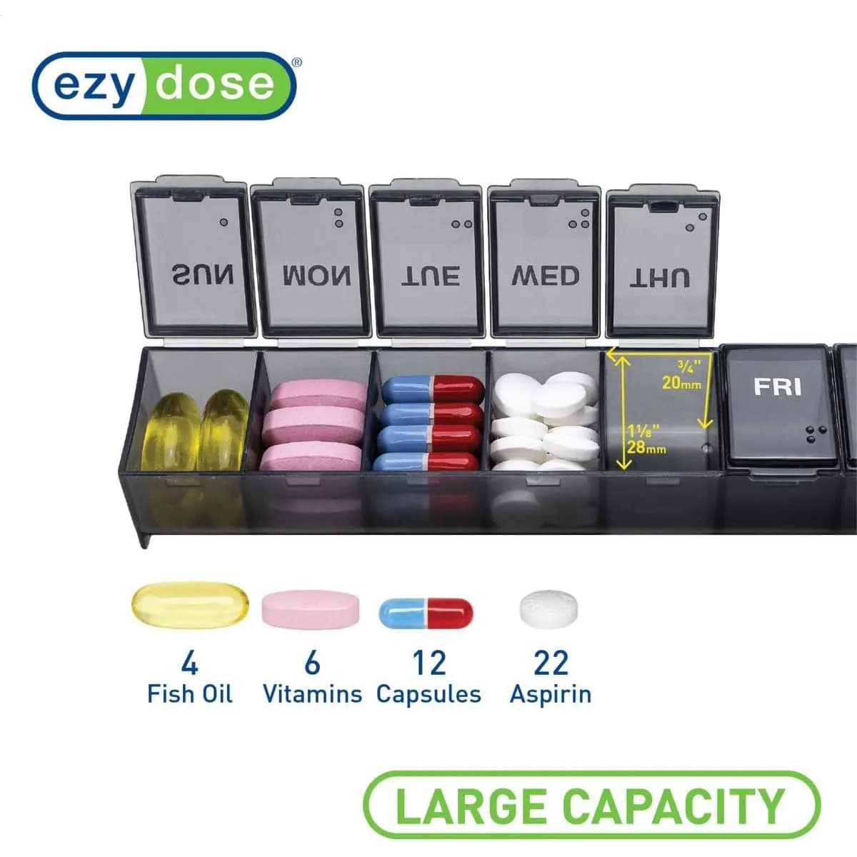 Ezy Dose Weekly Pill Organizer, Large Medicine Planner, Black | 7-Day Compartment Medicine Case - view 4