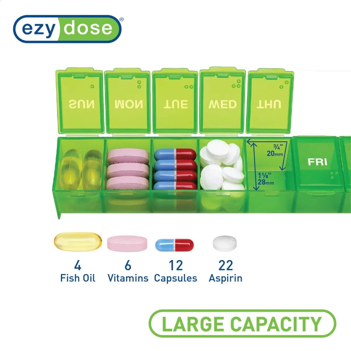EZY DOSE Weekly Pill Organizer, Large Medicine Planner, Green | 7-Day Sunday-Saturday Layout - view 3