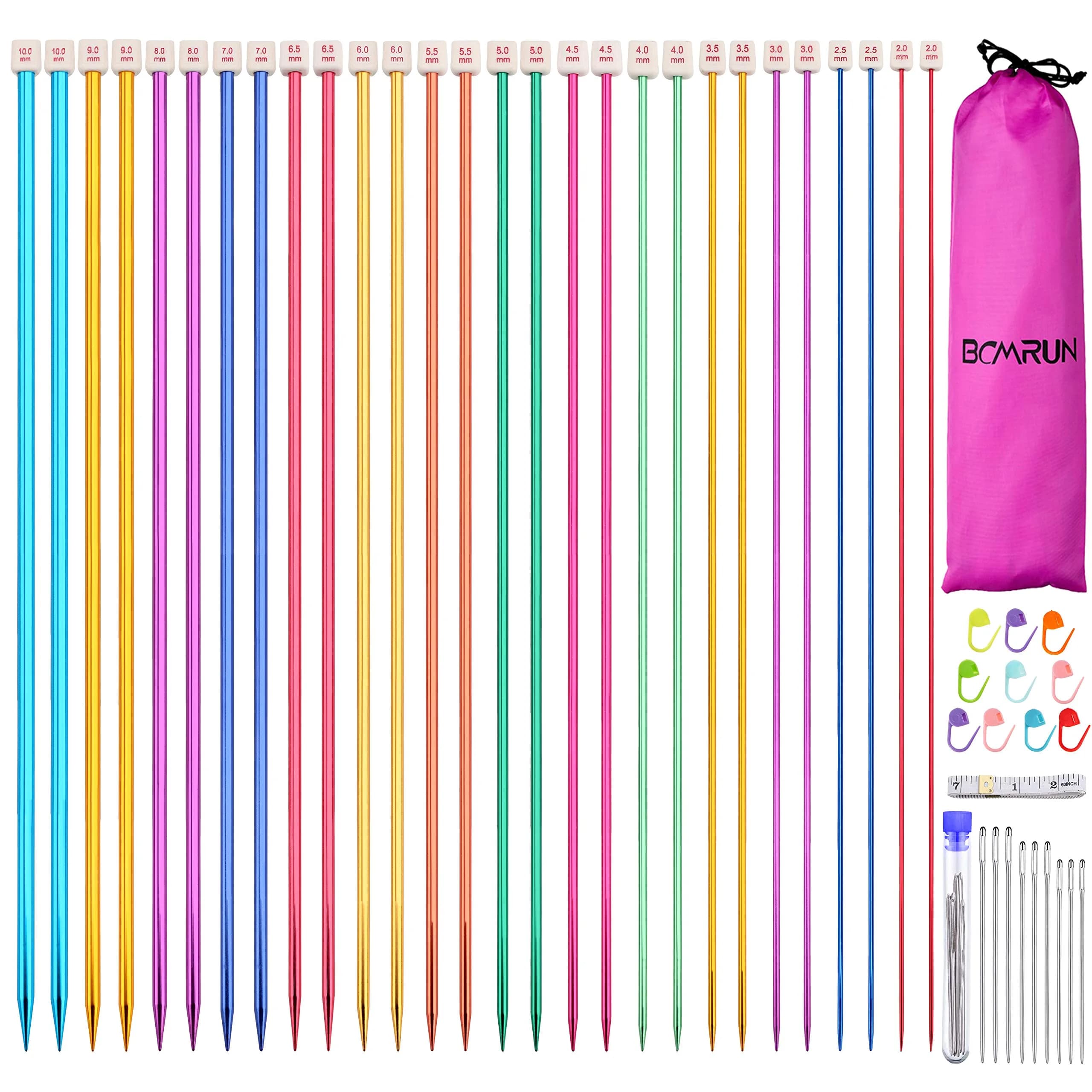 BCMRUN 28Pcs/14 Pairs Stainless Steel Knitting Needles Set, 35cm (13.8 Inches) | 14 Sizes 2.0mm-10.0mm — 35cm