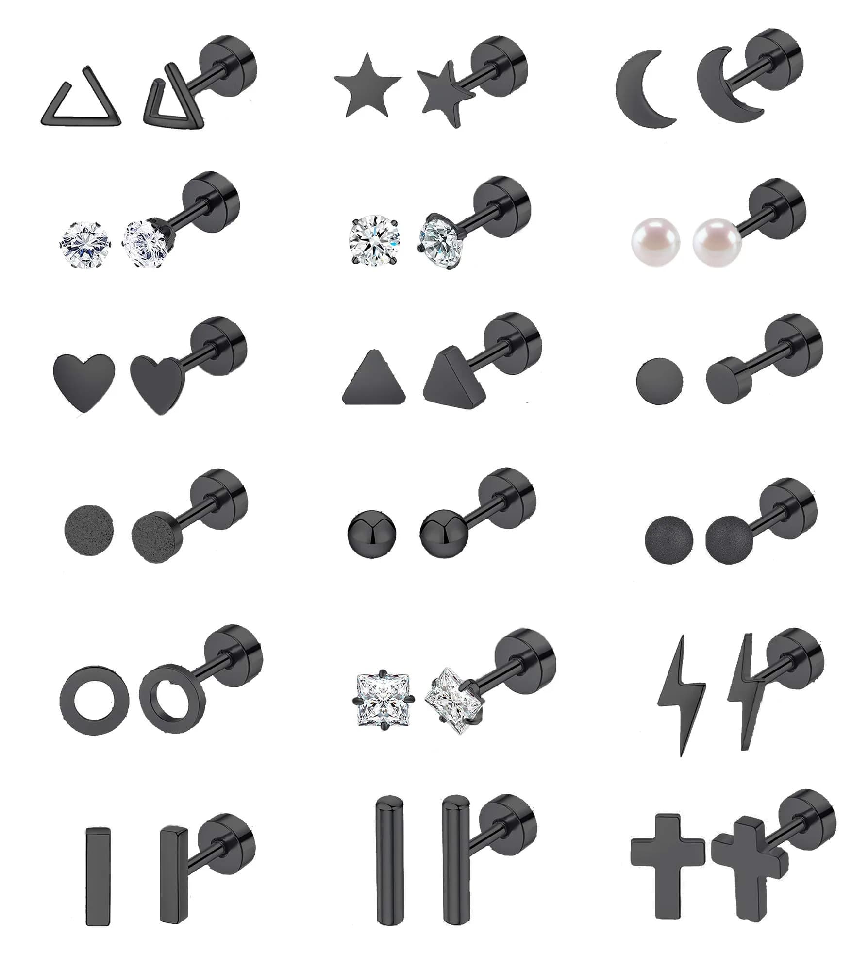 Staligue 18 Pairs Tiny Cartilage Stud Earrings | Stainless Steel, CZ, Flat Back, Unisex (Black) — Jet-black