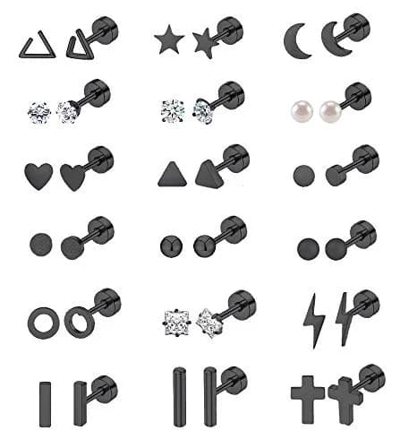 Staligue 18 Pairs Tiny Cartilage Stud Earrings | Stainless Steel, CZ, Flat Back, Unisex (Black) thumbnail 1