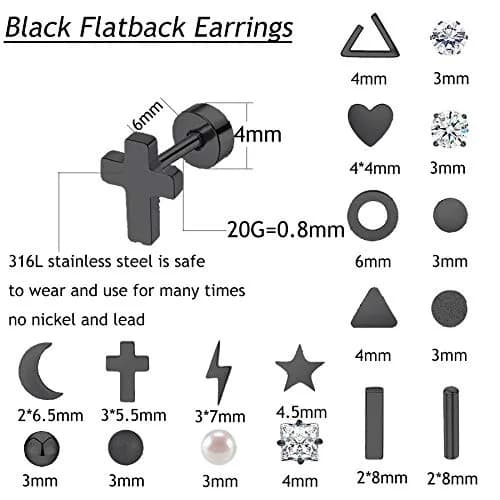 Staligue 18 Pairs Tiny Cartilage Stud Earrings | Stainless Steel, CZ, Flat Back, Unisex (Black) thumbnail 2