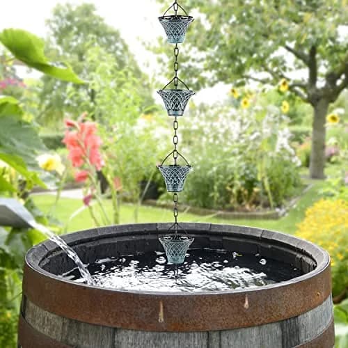 Tfro & Cile Blue Rain Chain Gutter Downspout Catcher 2.59 m (8 1/2 Feet) | Decorative Garden Water Feature thumbnail 6