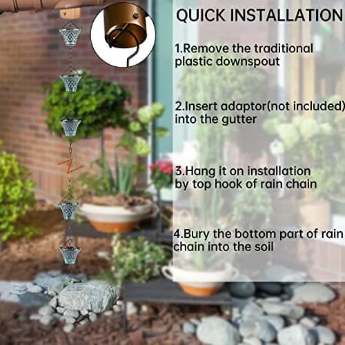 Tfro & Cile Blue Rain Chain Gutter Downspout Catcher 2.59 m (8 1/2 Feet) | Decorative Garden Water Feature thumbnail 3