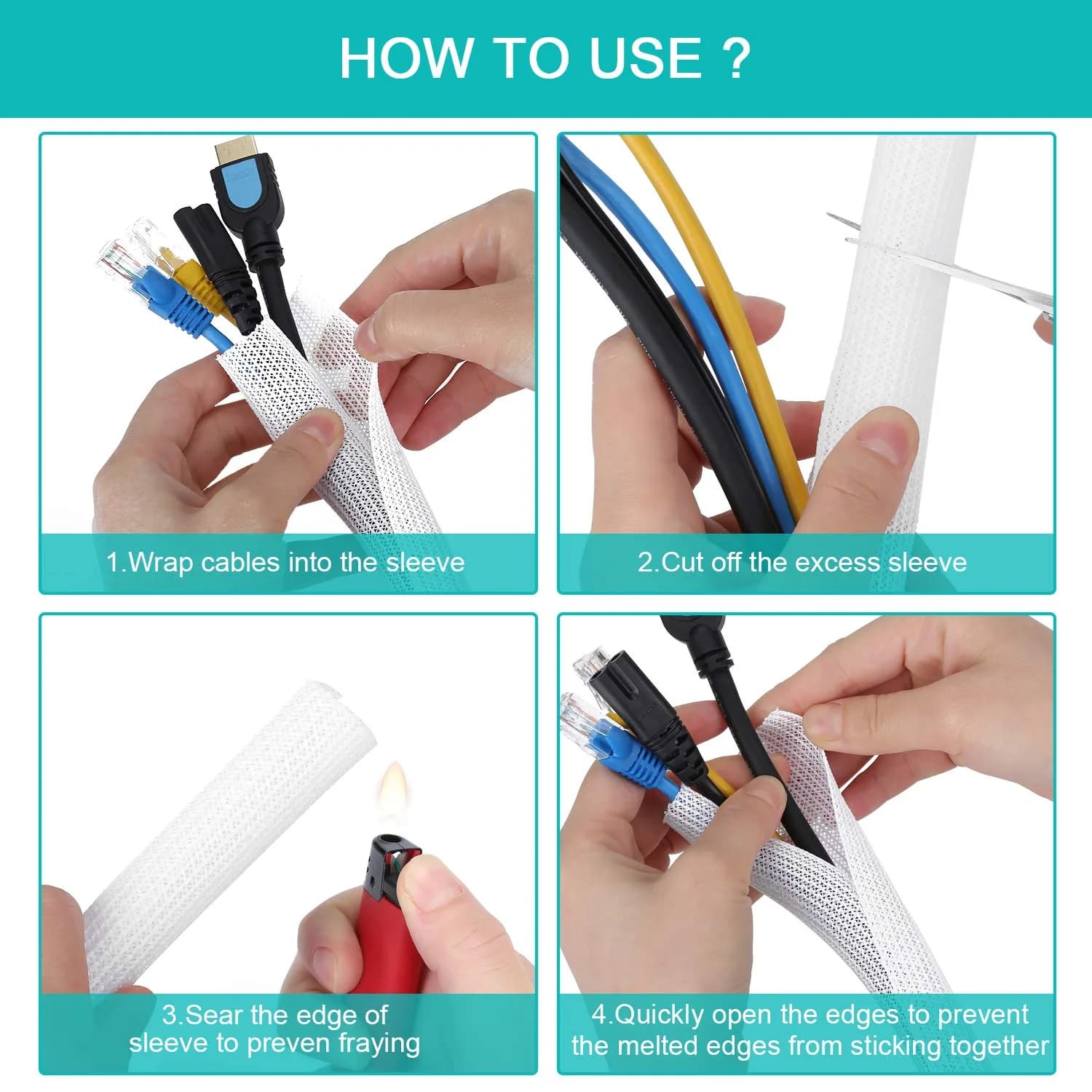 ZhiYo White Cable Sleeve 2m (6.6ft) | Protects Wires from Pets & Damage - view 6
