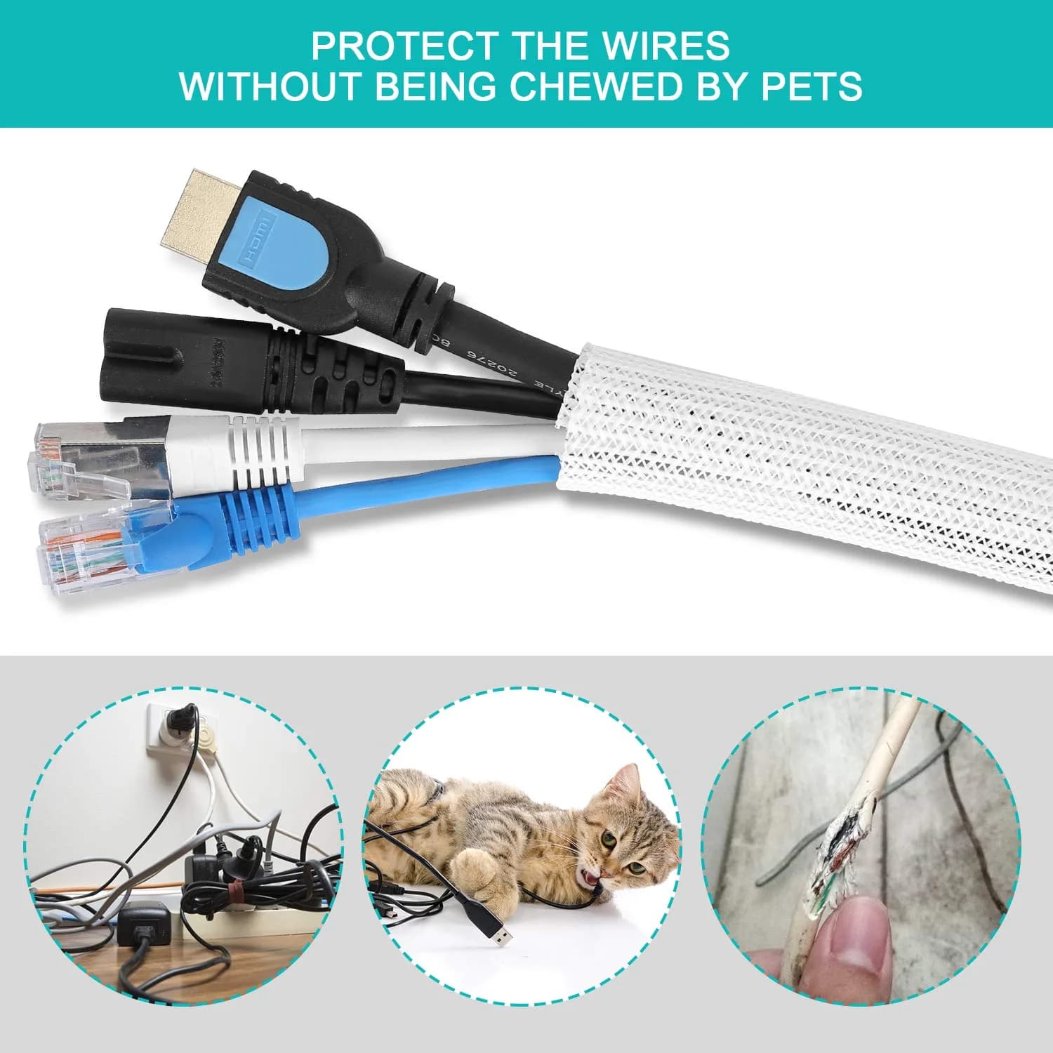 ZhiYo White Cable Sleeve 2m (6.6ft) | Protects Wires from Pets & Damage - view 2