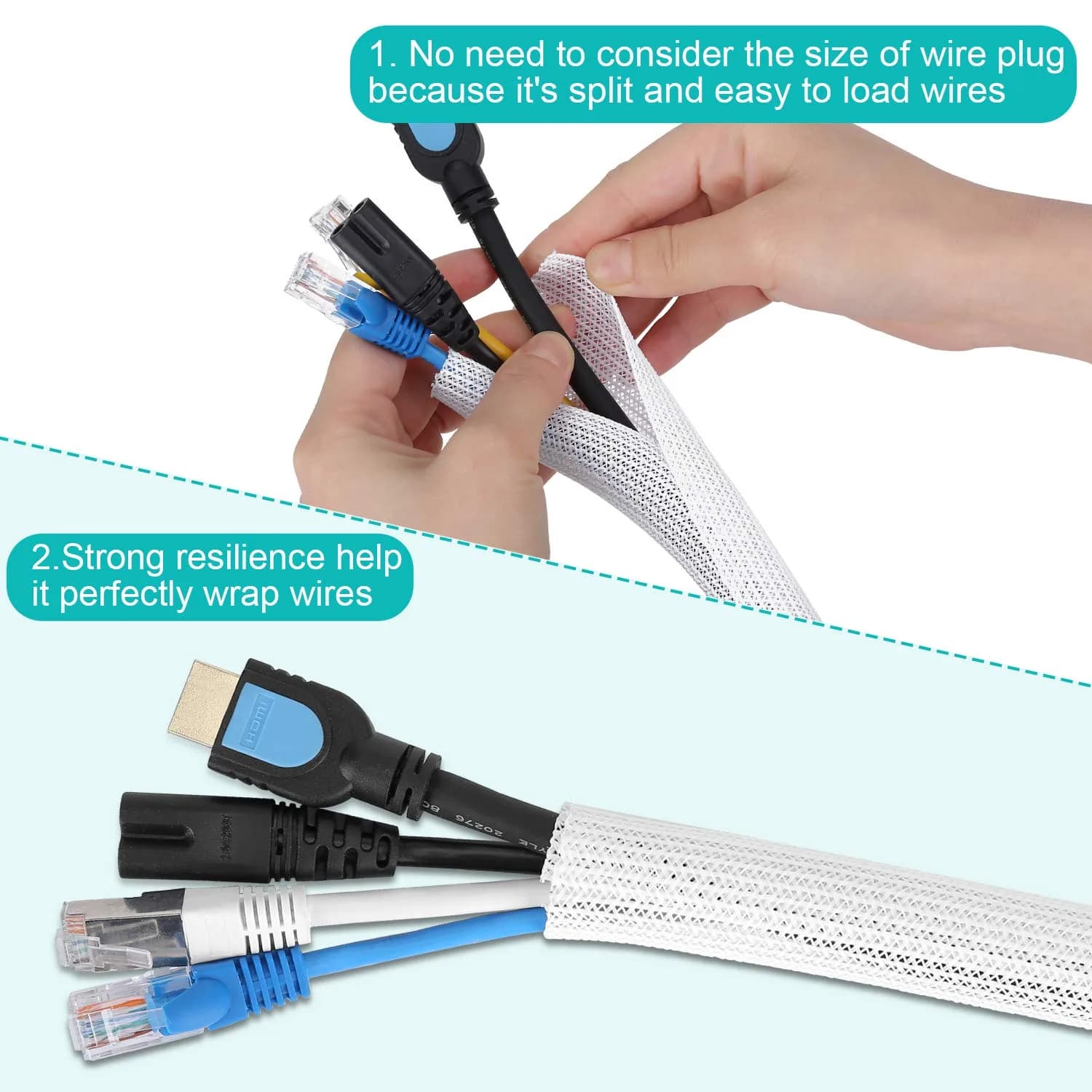 ZhiYo White Cable Sleeve 2m (6.6ft) | Protects Wires from Pets & Damage - view 3