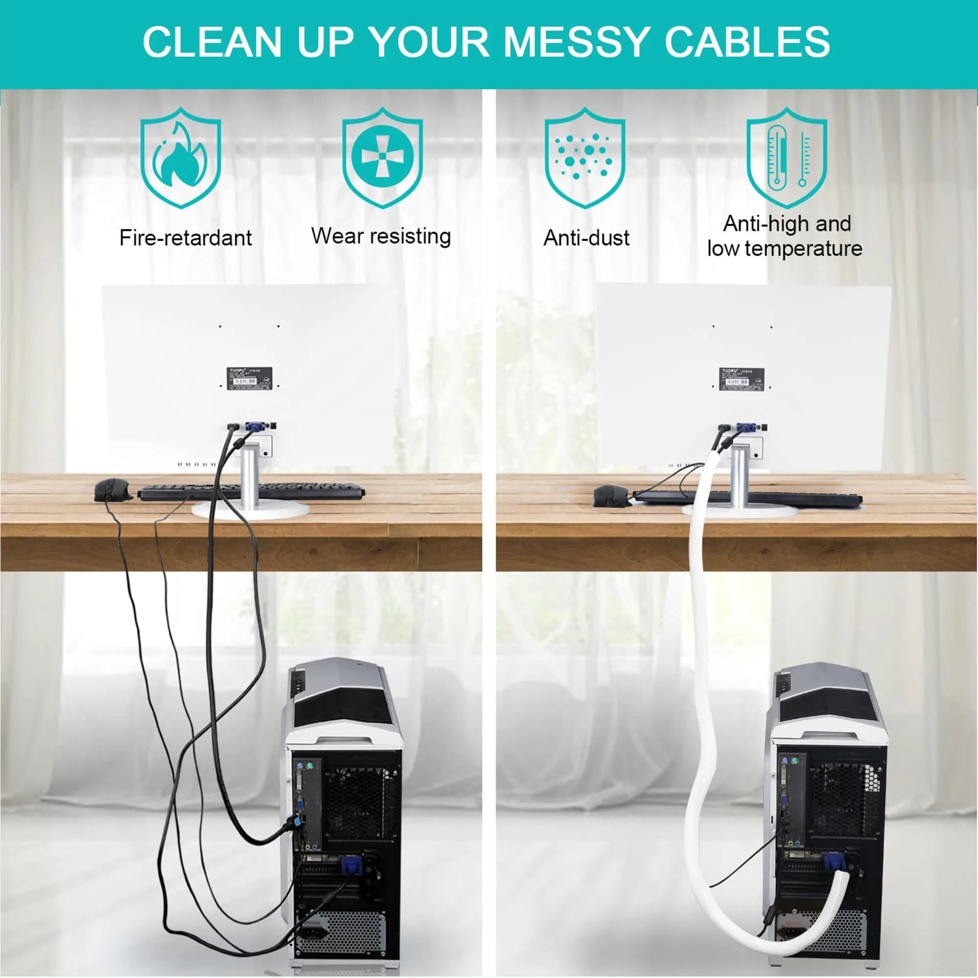 ZhiYo White Cable Sleeve 2m (6.6ft) | Protects Wires from Pets & Damage - view 4