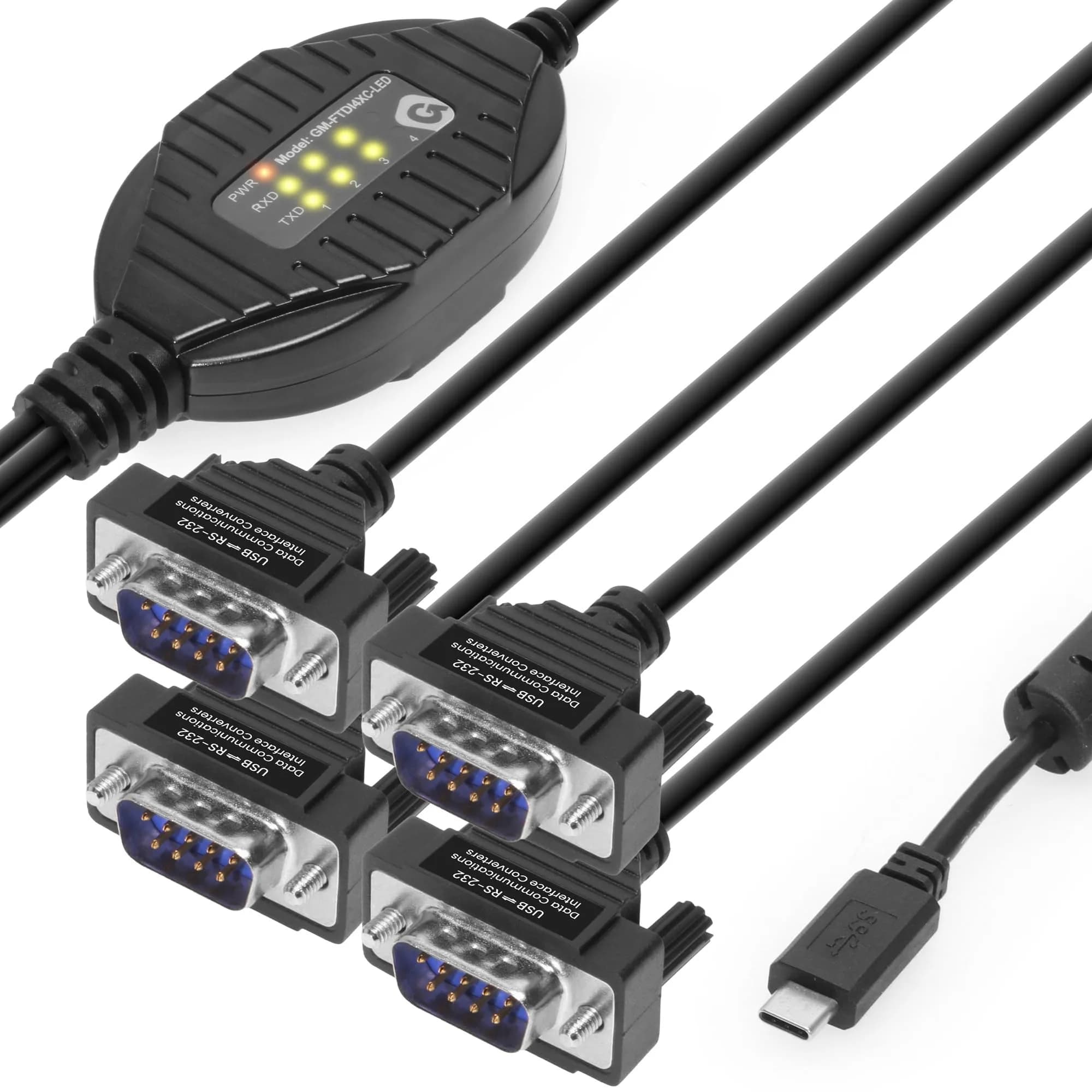 Gearmo 4 Port RS-232 to USB Type-C Adapter with LED Indicators, 5ft Length, FTDI Chipset, ESD Protection, Windows/macOS/Linux Compatible — Type C