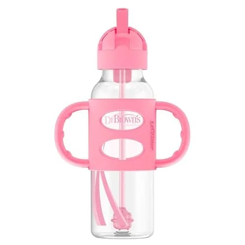 Dr. Brown's Narrow Sippy Straw Bottle with Handles, Pink, 8 oz | Transition & Motor Skill Development thumbnail 1