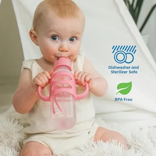 Dr. Brown's Narrow Sippy Straw Bottle with Handles, Pink, 8 oz | Transition & Motor Skill Development thumbnail 6