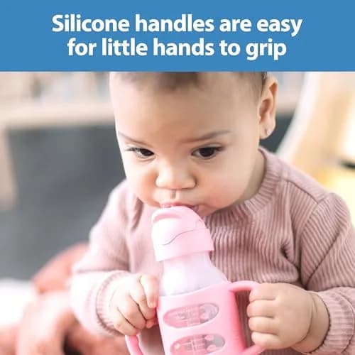 Dr. Brown's Narrow Sippy Straw Bottle with Handles, Pink, 8 oz | Transition & Motor Skill Development thumbnail 3