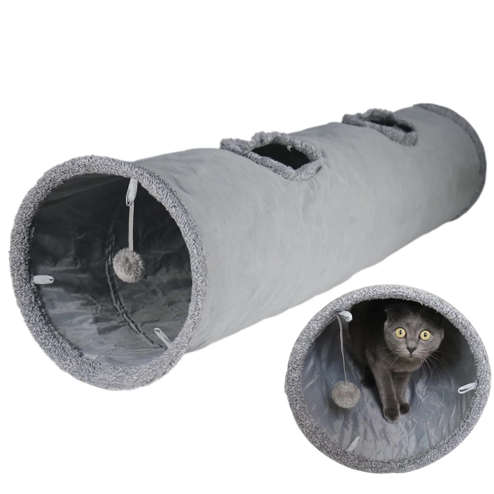 Terunat Cat Tunnel for Indoor Cats 51×12 inch Foldable Grey Suede Pet Tunnel with Two Peepholes and Bubble Ball - main product image
