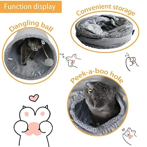 Terunat Cat Tunnel for Indoor Cats 51×12 inch Foldable Grey Suede Pet Tunnel with Two Peepholes and Bubble Ball thumbnail 2